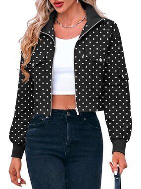 Women's Black Dot Cropped Bomber Jackets Lightweight Zip Up Short Long Sleeve